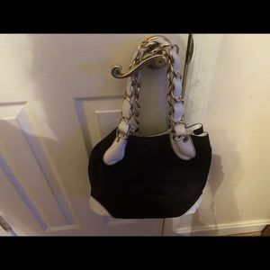 Chanel CC logo black canvas white trim handbag